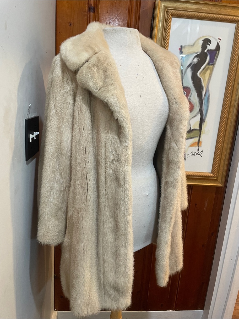 Cream mink Fur Pea Coat — Soft Plush Long Jacket